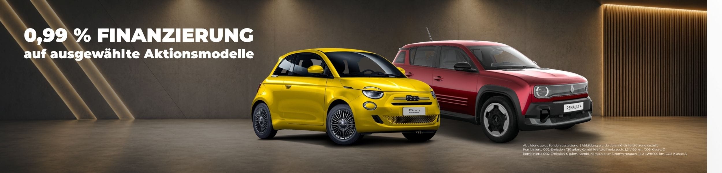 Headergrafik mit 0,99 % Finanzierung auf ausgewählte Fiat- und Renault-Aktionsmodelle. Abgebildet sind ein gelber Fiat 500e und ein roter Renault 4.
