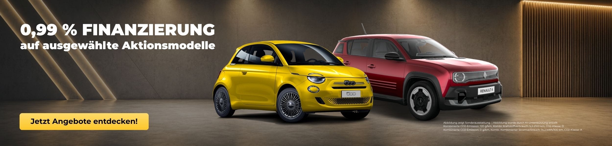 Werbebanner mit 0,99 % Finanzierung auf ausgewählte Fiat- und Renault-Aktionsmodelle. Abgebildet sind ein Fiat 500e und ein Renault 4