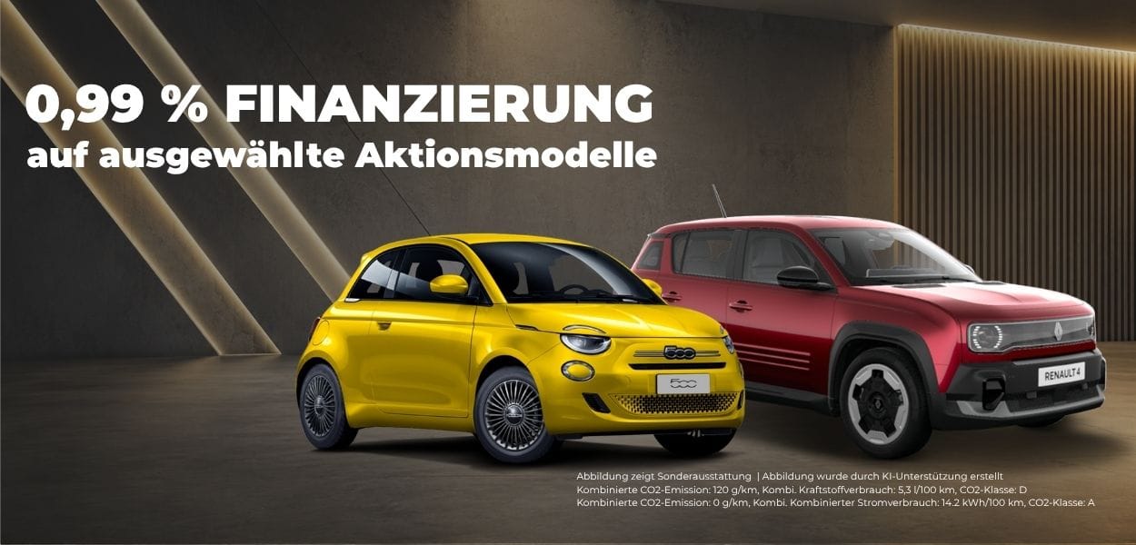 Headergrafik mit 0,99 % Finanzierung auf ausgewählte Fiat- und Renault-Aktionsmodelle. Abgebildet sind ein Fiat 500e und ein Renault 4.