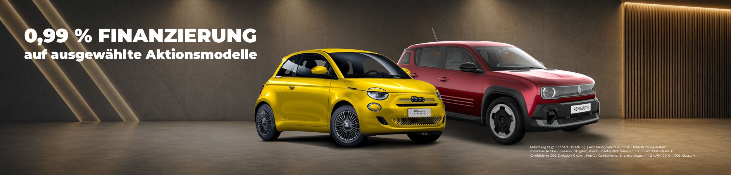 Headergrafik mit 0,99 % Finanzierung auf ausgewählte Fiat- und Renault-Aktionsmodelle. Abgebildet sind ein gelber Fiat 500e und ein roter Renault 4.