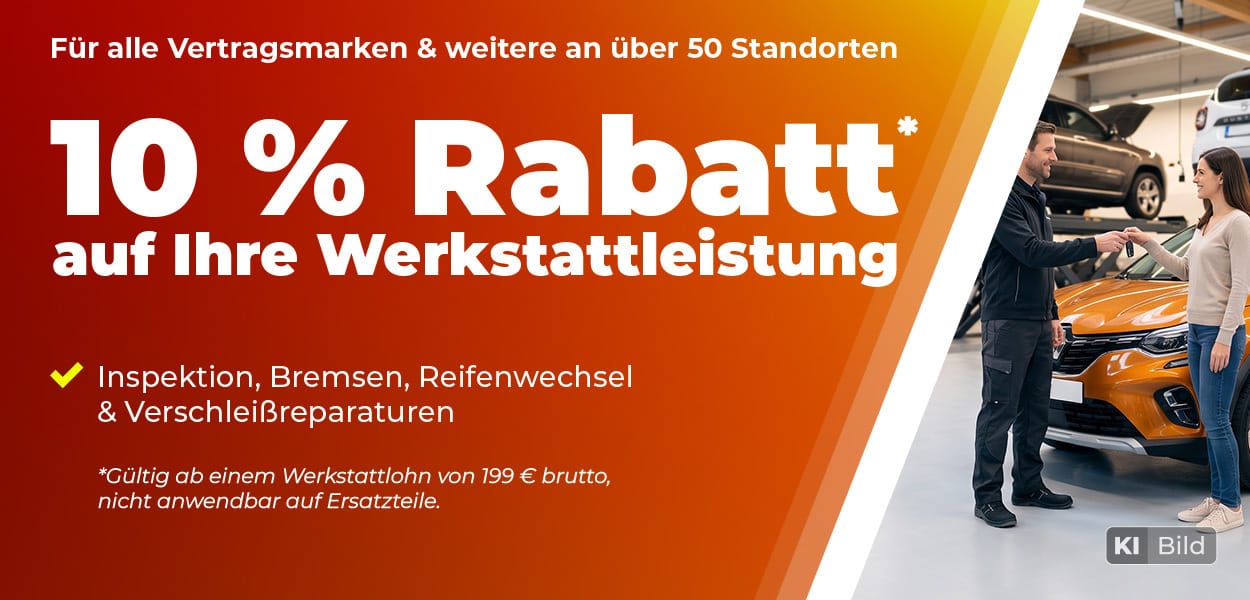 Werkstattaktion mit 10 % Rabatt auf Werkstattleistungen wie Inspektion, Bremsen, Reifenwechsel und Verschleißreparaturen.