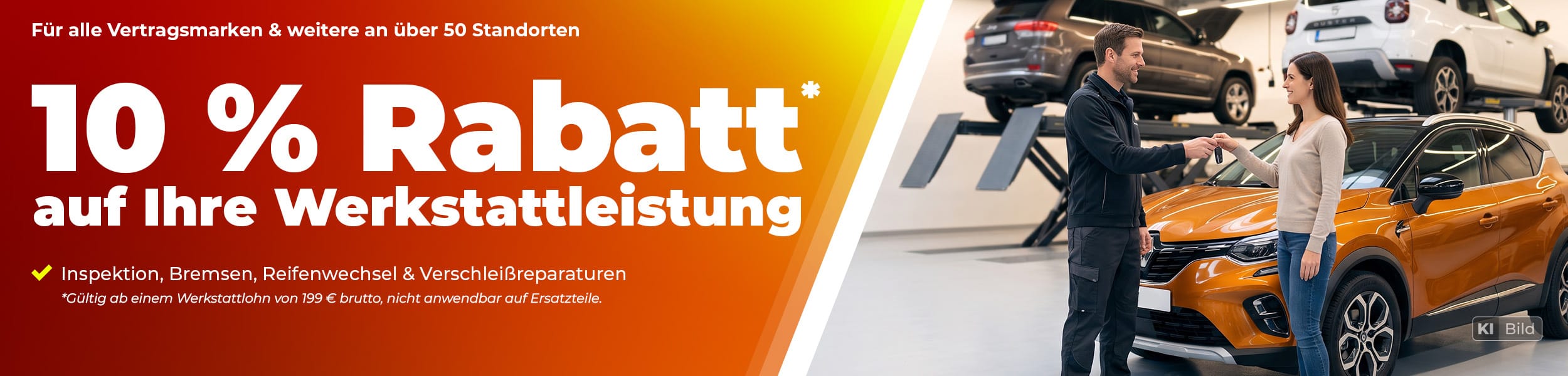 10 % Rabatt auf Werkstattleistungen an über 50 Standorten für Inspektion, Bremsen, Reifenwechsel und Verschleißreparaturen.