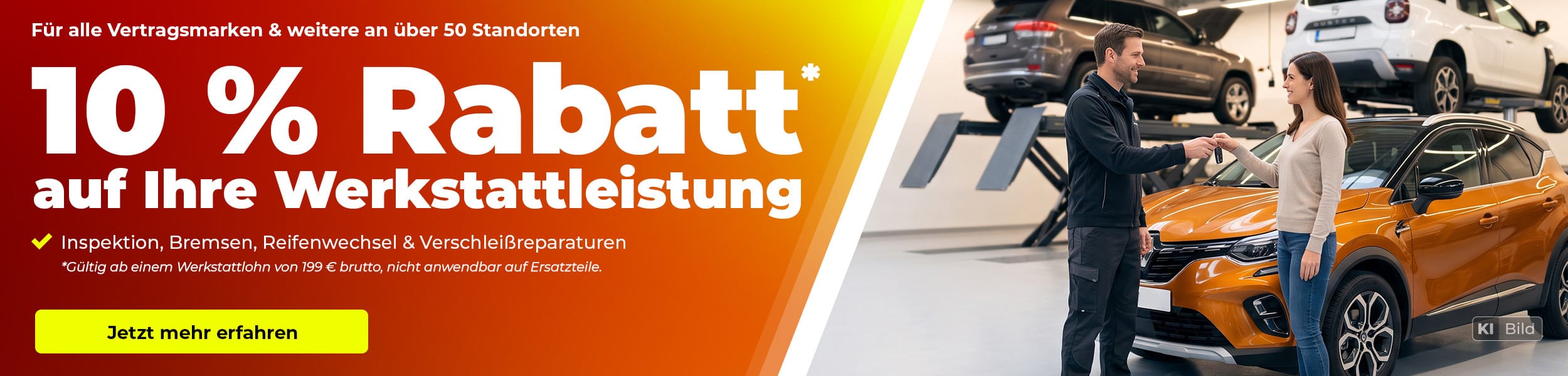 10 % Rabatt auf Werkstattleistungen wie Inspektion, Bremsen, Reifenwechsel und Verschleißreparaturen an über 50 Standorten.