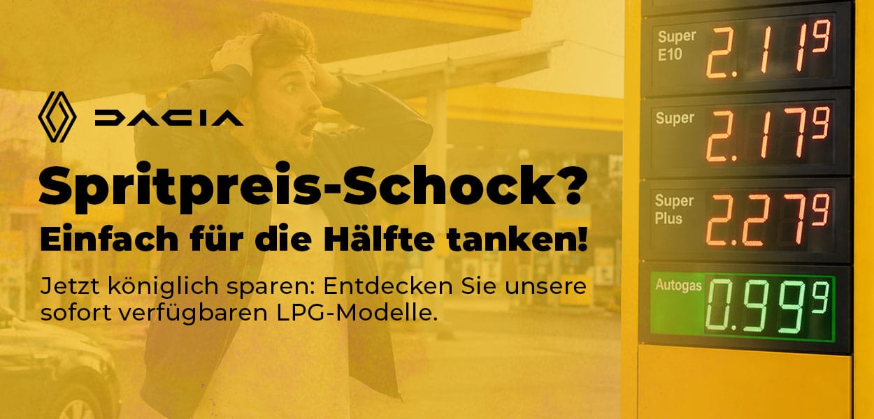 Spritpreis-Schock? Einfach für die Hälfte tanken! Jetzt königlich sparen: Entdecken Sie unsere sofort verfügbaren LPG-Modelle. Abbildung einer Preissäule einer Tankstelle mit hohen Sprit-, aber niedrigen Autogaspreisen. Ein Mann fasst sich mit beiden Händen an den Kopf.