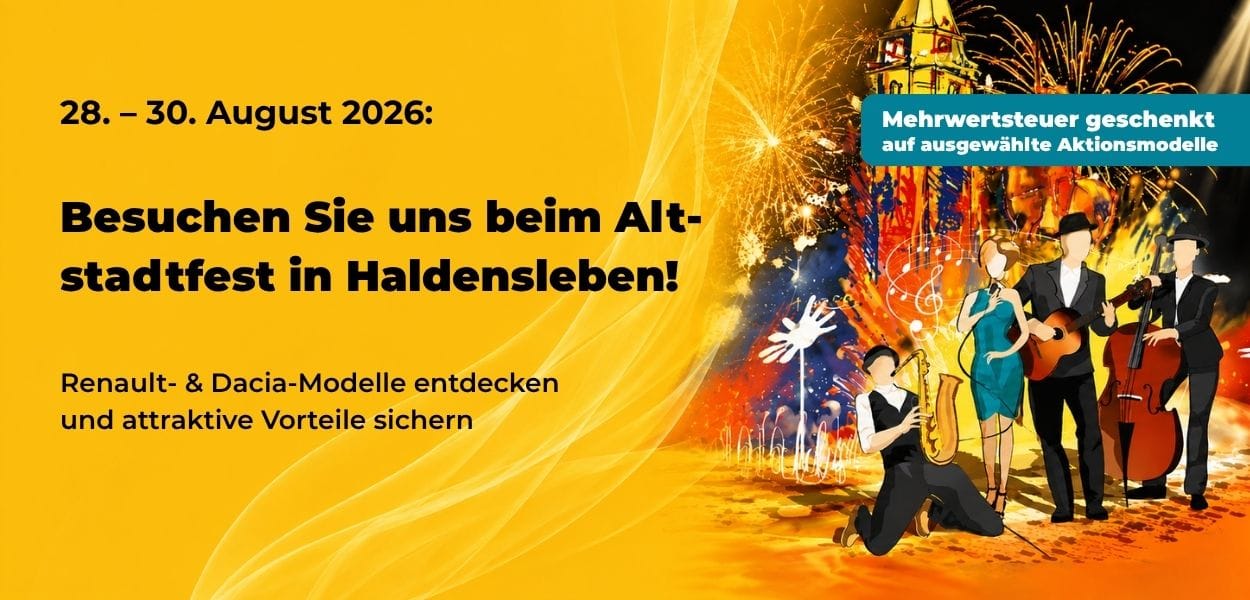 Werbebanner zum Altstadtfest in Haldensleben vom 28.–30. August 2026 mit Renault- und Dacia-Aktionsmodellen, Mehrwertsteuer-Aktion sowie Illustration einer Musikband vor Feuerwerk.