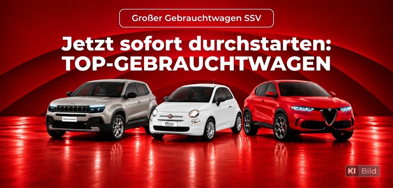 Großer Gebrauchtwagen-SSV mit Jeep Avenger, Fiat 500 und Alfa Romeo Tonale. Jetzt sofort mit Top-Gebrauchtwagen durchstarten.
