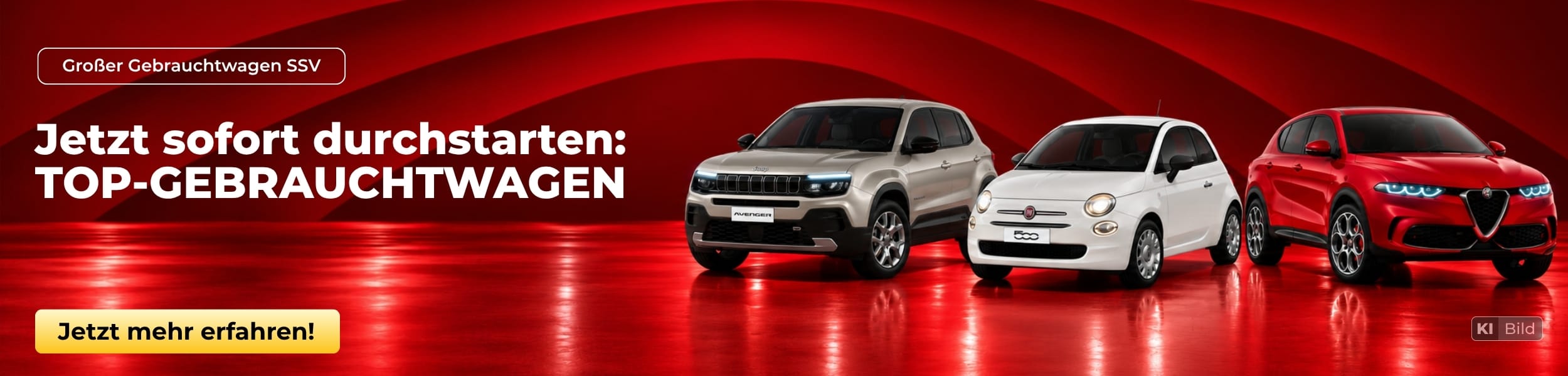 Großer Gebrauchtwagen-SSV mit Jeep Avenger, Fiat 500 und Alfa Romeo Tonale vor rotem Hintergrund.