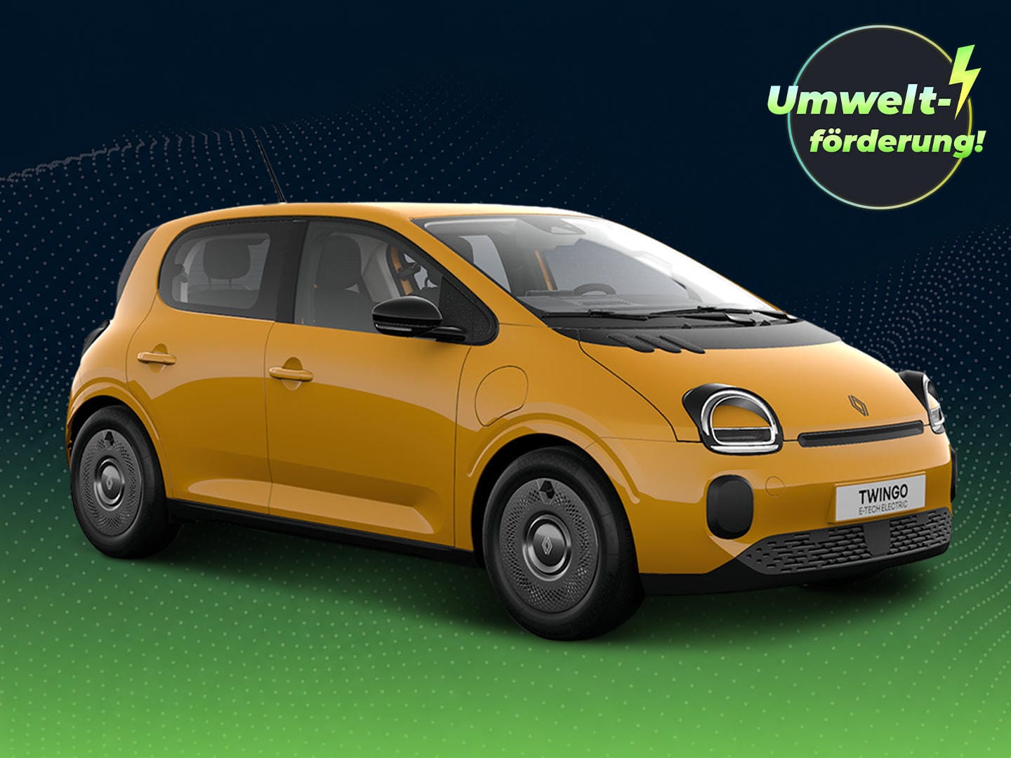 Gelber Renault Twingo E-Tech vor dunkelblau-grünem Hintergrund mit grafischen Wellenmustern. Oben rechts weist ein Badge auf eine Umweltförderung von bis zu 6.000 Euro für die E-Prämie 2026 hin.