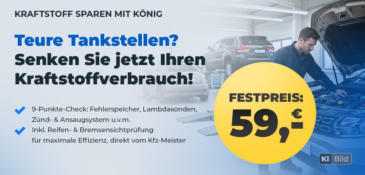 9-Punkte-Check zur Senkung des Kraftstoffverbrauchs für 59 € inklusive Reifen- und Bremsensichtprüfung.