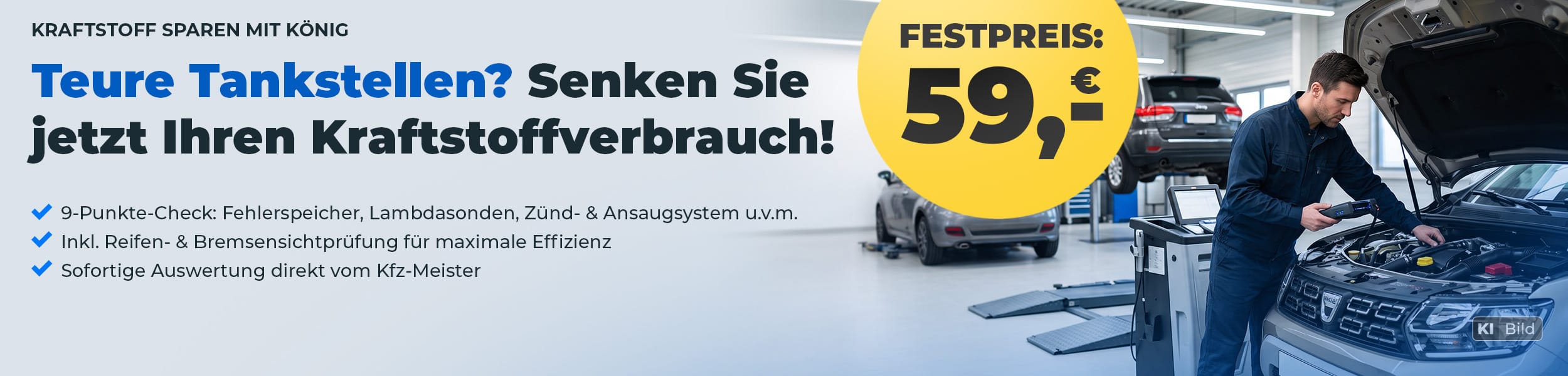 Kraftstoff sparen mit dem 9-Punkte-Check für 59 € inklusive Prüfung von Fehlerspeicher, Reifen, Bremsen und weiteren Komponenten.
