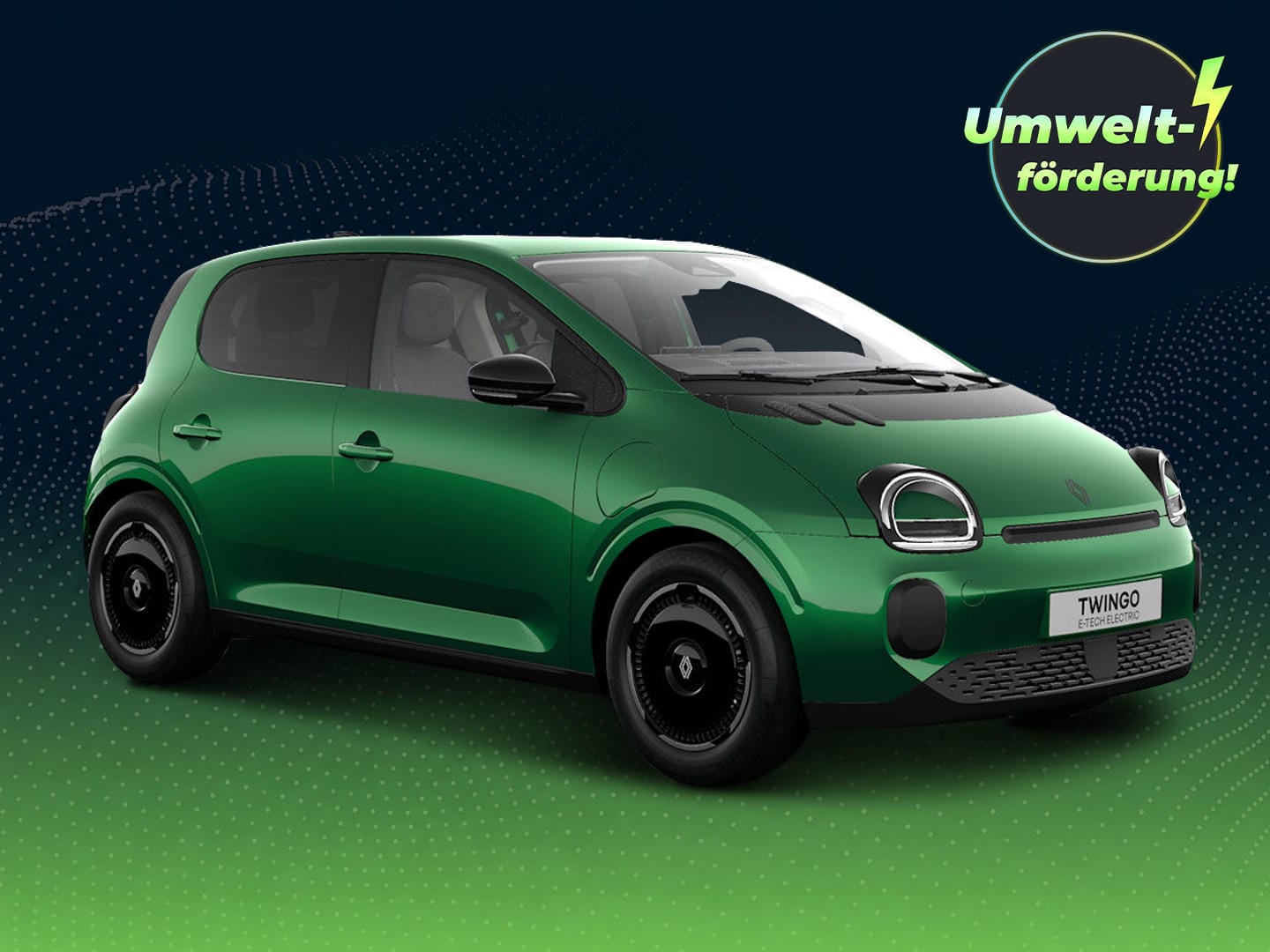 Grüner Renault Twingo E-Tech vor dunkelblau-grünem Hintergrund mit grafischen Wellenmustern. Oben rechts weist ein Badge auf eine Umweltförderung von bis zu 6.000 Euro für die E-Prämie 2026 hin.
