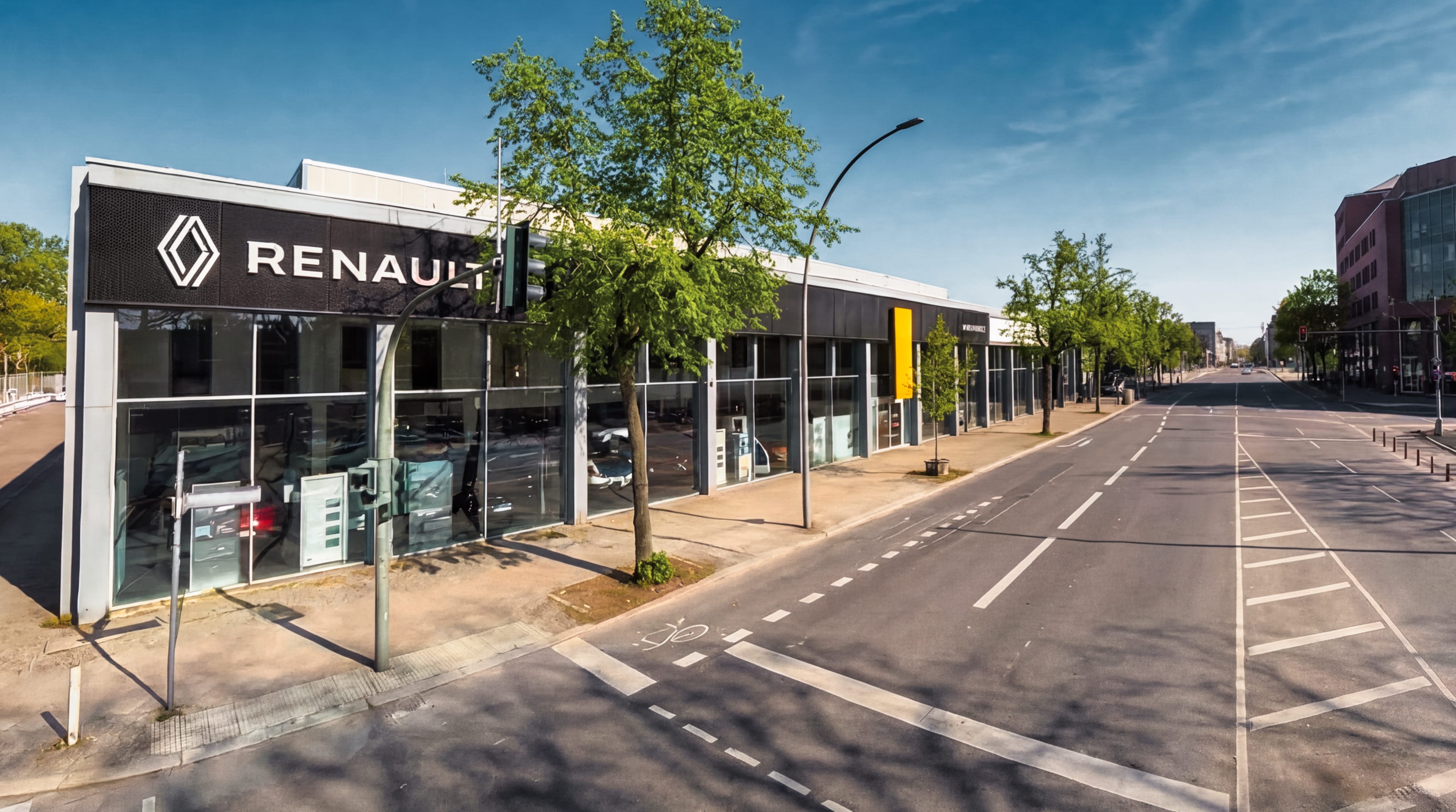 Außenansicht eines modernen Renault Autohauses mit großer Glasfassade an einer breiten, ruhigen Straße in Berlin-Schöneberg. Vor dem Gebäude stehen Bäume, im Innenraum sind Fahrzeuge sichtbar, das Renault-Logo ist gut erkennbar.
