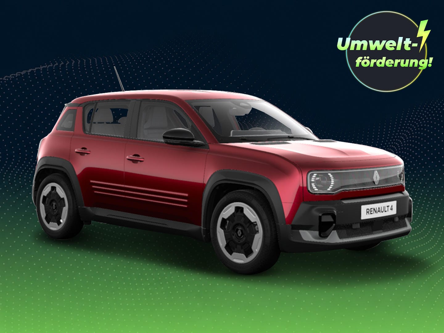 Roter Renault 4 E-Tech vor dunkelblau-grünem Hintergrund mit grafischen Wellenmustern. Oben rechts weist ein Badge auf eine Umweltförderung von bis zu 6.000 Euro für die E-Prämie 2026 hin.