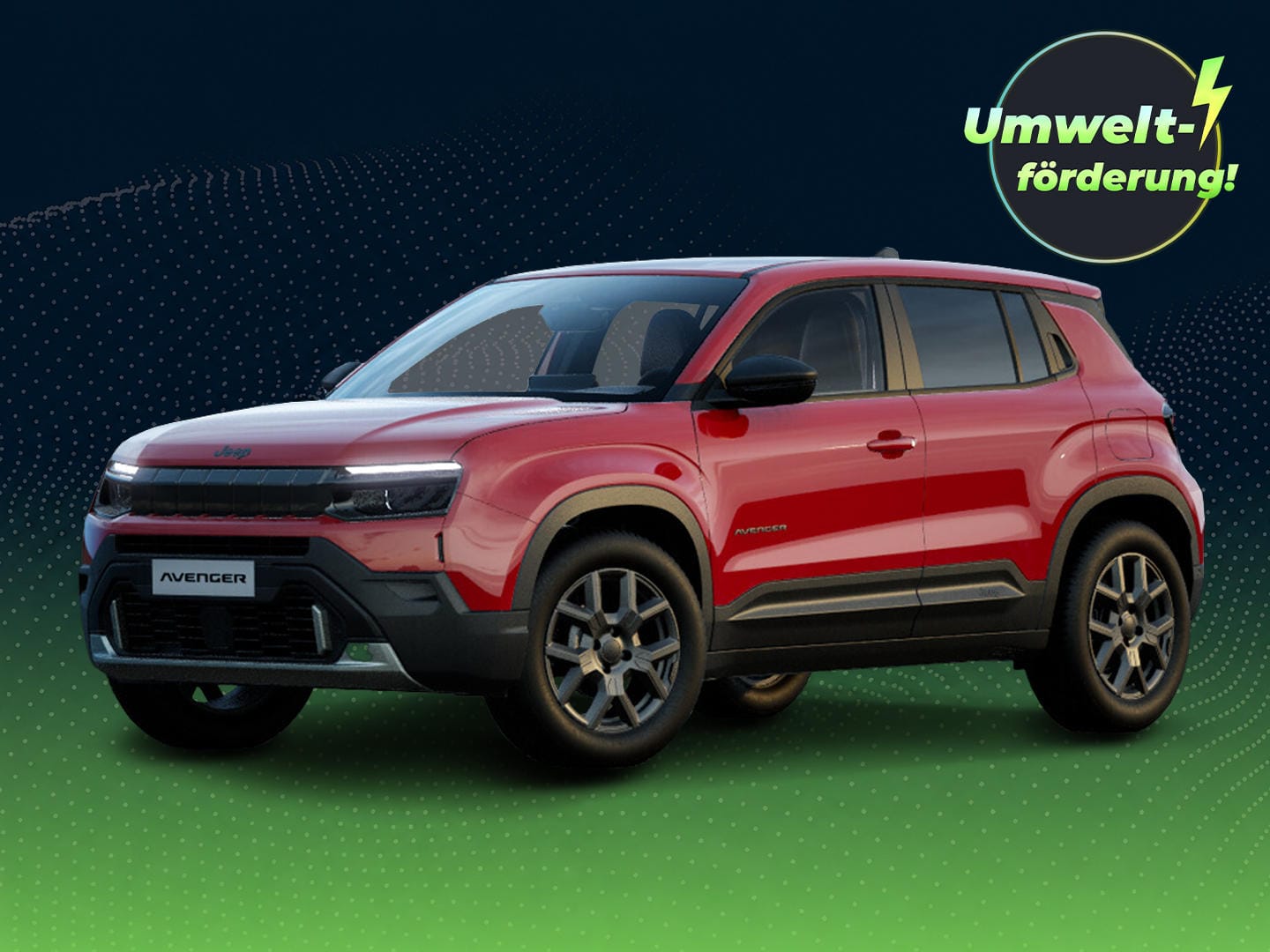 Roter Jeep Avenger Modelljahr 2026 vor dunkelblau-grünem Hintergrund mit grafischen Wellenmustern. Oben rechts weist ein Badge auf eine Umweltförderung von bis zu 6.000 Euro für die E-Prämie 2026 hin.