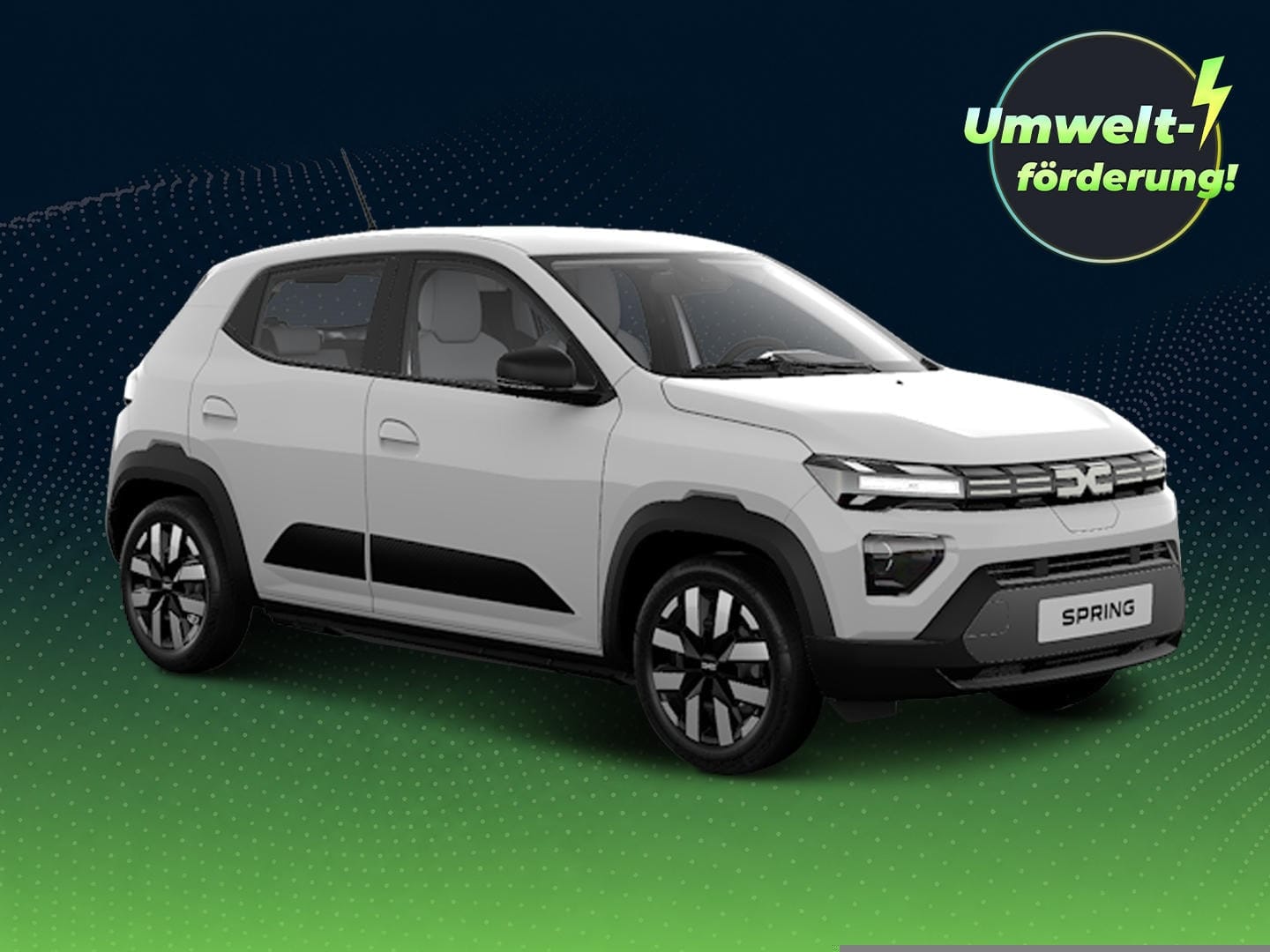 Weißer Dacia Spring Essential Electric vor dunkelblau-grünem Hintergrund mit grafischen Wellenmustern. Oben rechts weist ein Badge auf eine Umweltförderung von bis zu 6.000 Euro für die E-Prämie 2026 hin.