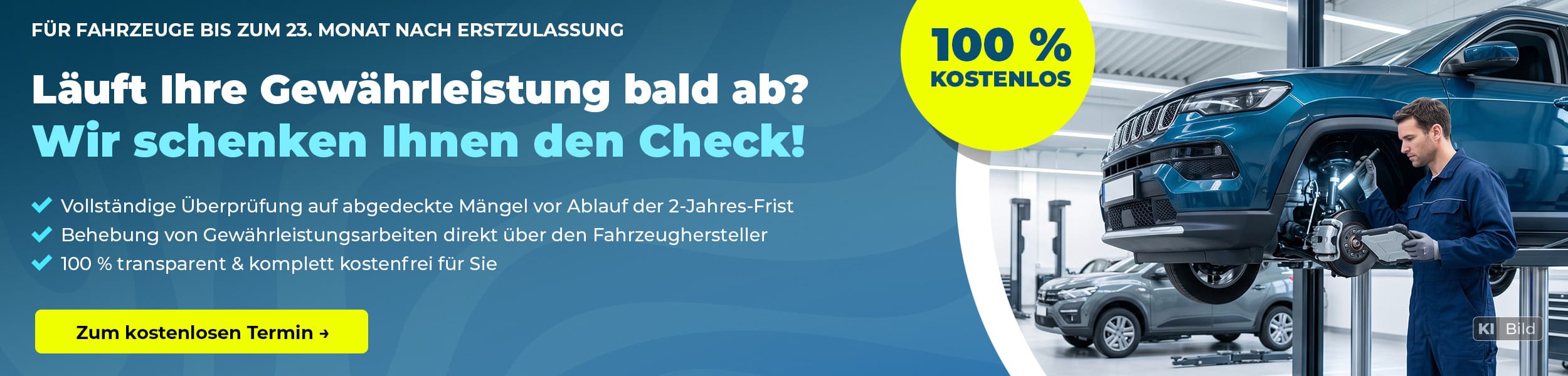 Kostenloser Gewährleistungscheck für Fahrzeuge bis zum 23. Monat nach Erstzulassung zur Prüfung möglicher Mängel.