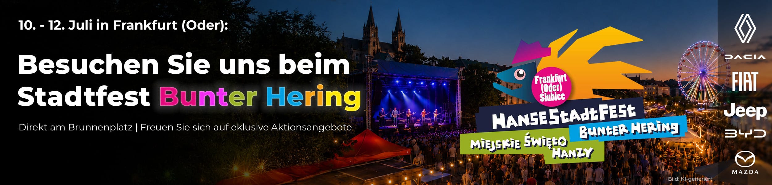 Headergrafik zum HanseStadtFest „Bunter Hering“ in Frankfurt (Oder) vom 10. bis 12. Juli. Besucher werden zum Autohaus-König-Stand am Brunnenplatz eingeladen. Im Hintergrund sind Festivalbühne, Riesenrad und Abendstimmung zu sehen, rechts die Logos von Renault, Dacia, Fiat, Jeep, BYD und Mazda.