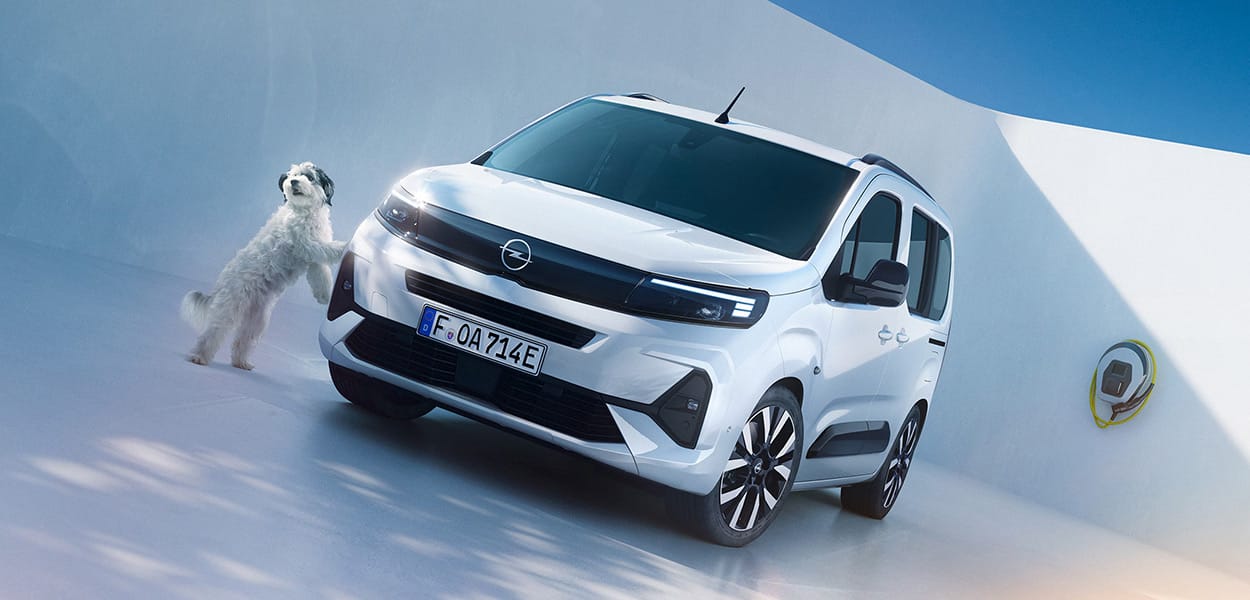 Ein weißer Opel Combo Van parkt bei eine diagonalen Aufnahme geparkt an einer hellen Wand, neben einem weißen Hund.