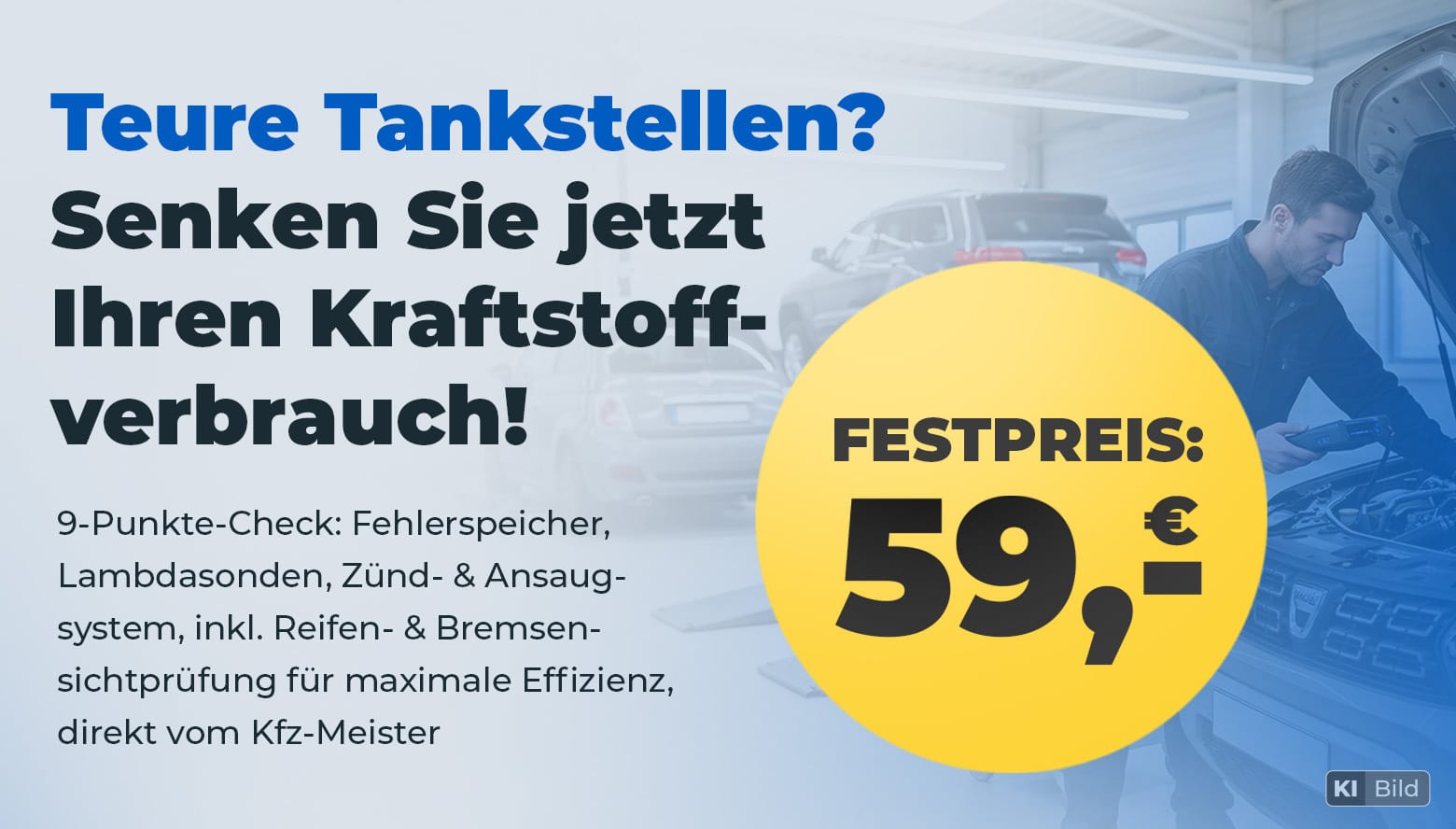 9-Punkte-Spritspar-Check für 59 € inklusive Prüfung von Fehlerspeicher, Lambdasonden, Reifen, Bremsen sowie Zünd- und Ansaugsystem.